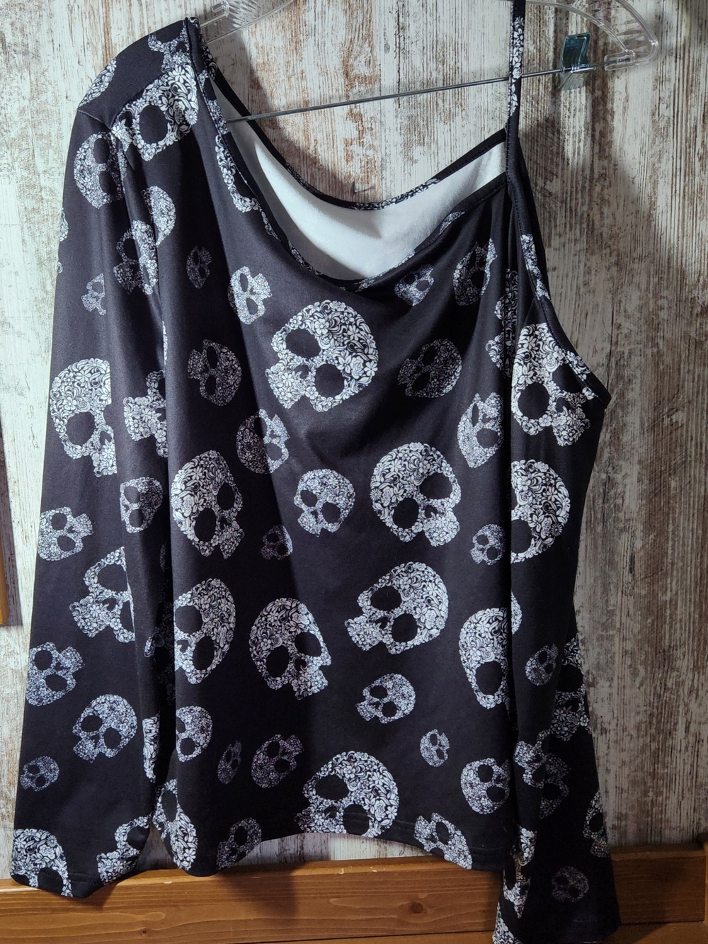 Halloween Goth Skull Floral Print One Shoulder Asymmetrical Top Black White L